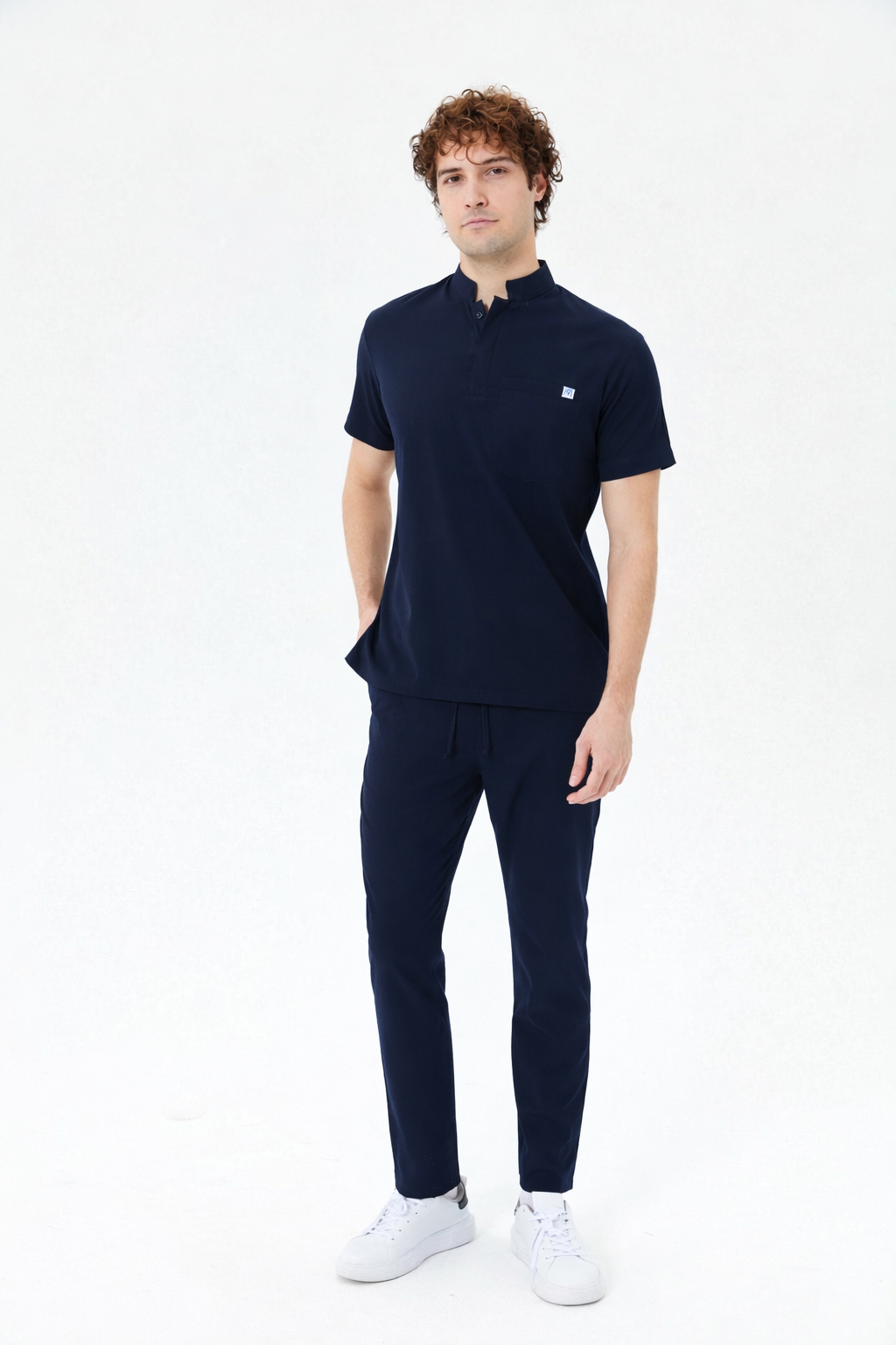 Secundus Navy Blue Mandarin Collar Men&