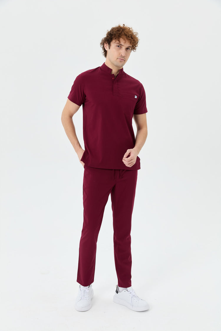 Yeni Secundus Fit bordo hakim yakalı erkek scrubs takımı - premium medikal üniforma Moleuniform