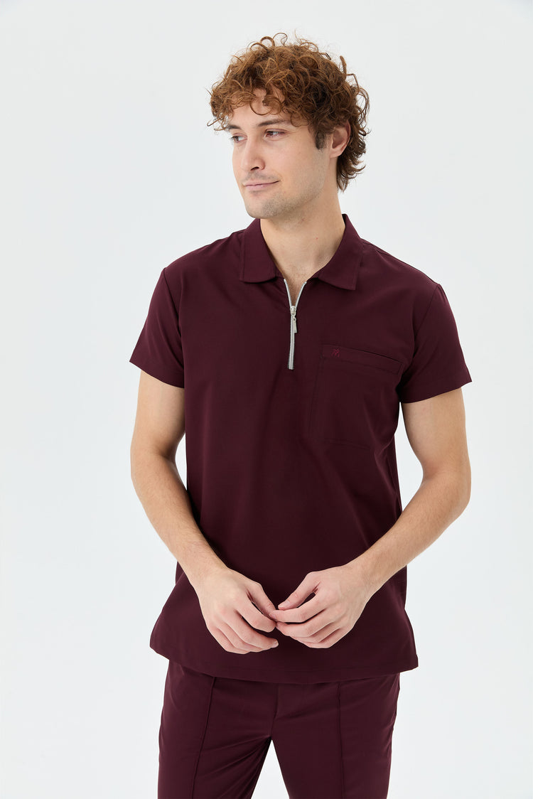 Primus Aura bordo gömlek yakalı erkek scrubs takımı - premium medikal üniforma Moleuniform
