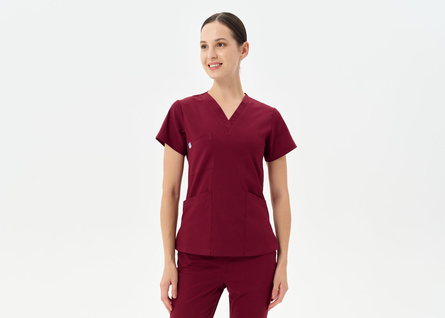 Bordo V yakalı kadın scrubs  - Secundus Fit serisi