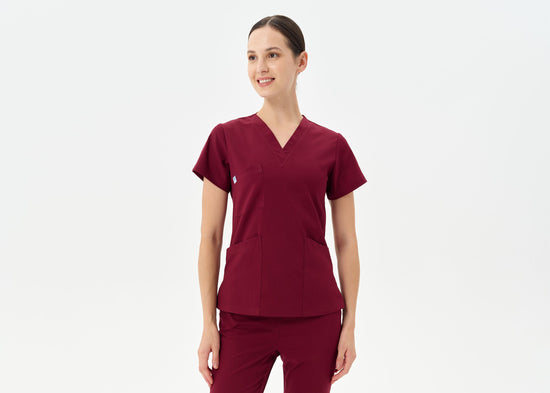 Bordo V yakalı kadın scrubs - Secundus Fit serisi