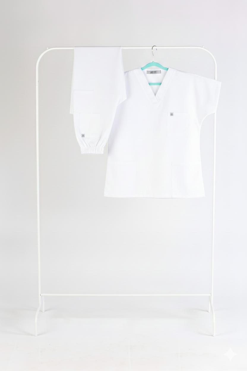 Tertius Beyaz Yarasa Kol V Yaka Unisex Scrubs Takım | Medikal İş Kıyafeti | Mole Uniform