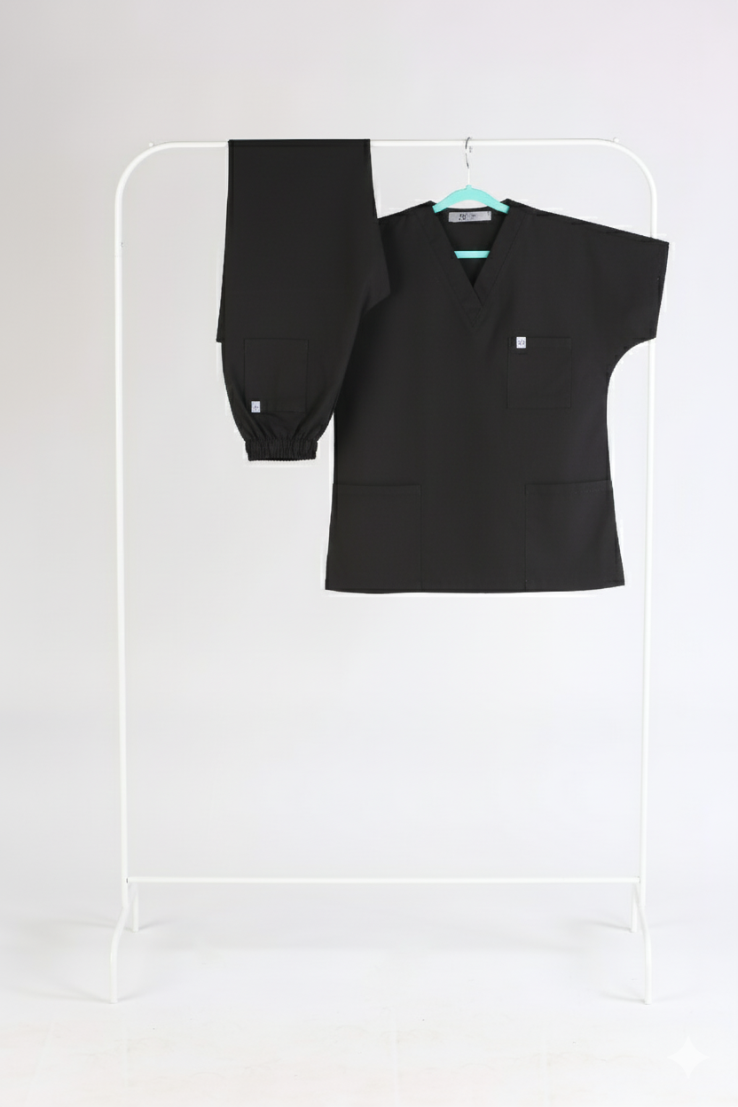 Tertius Siyah Yarasa Kol V Yaka Unisex Scrubs Takım | Medikal İş Kıyafeti | Mole Uniform
