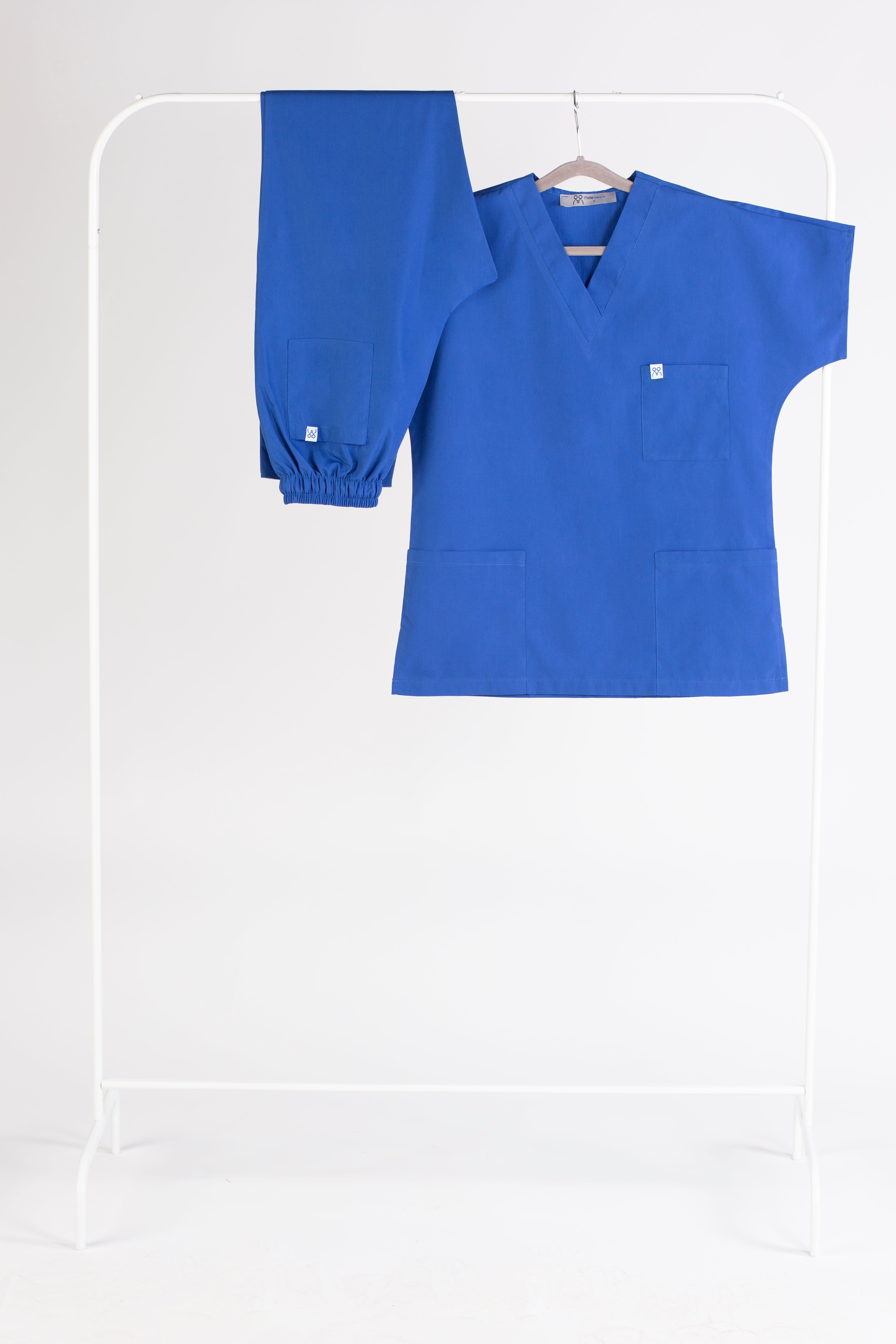Toptan saks mavisi yarasa kol V yaka unisex scrubs takımı - Tertius serisi ekonomik personel kıyafeti imalatı.