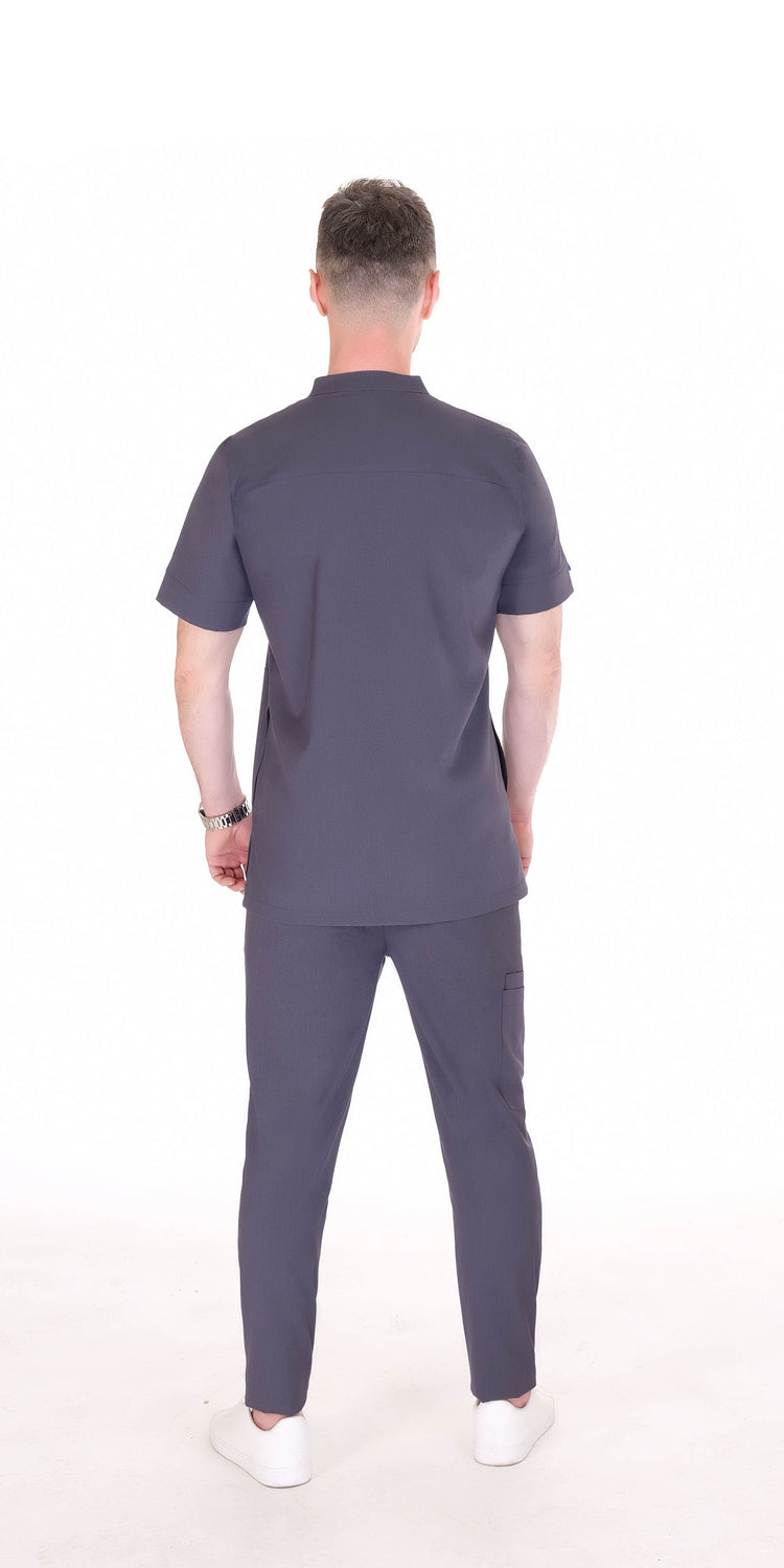 Koyu gri scrubs alt - arka görünüm ve fit detayları
