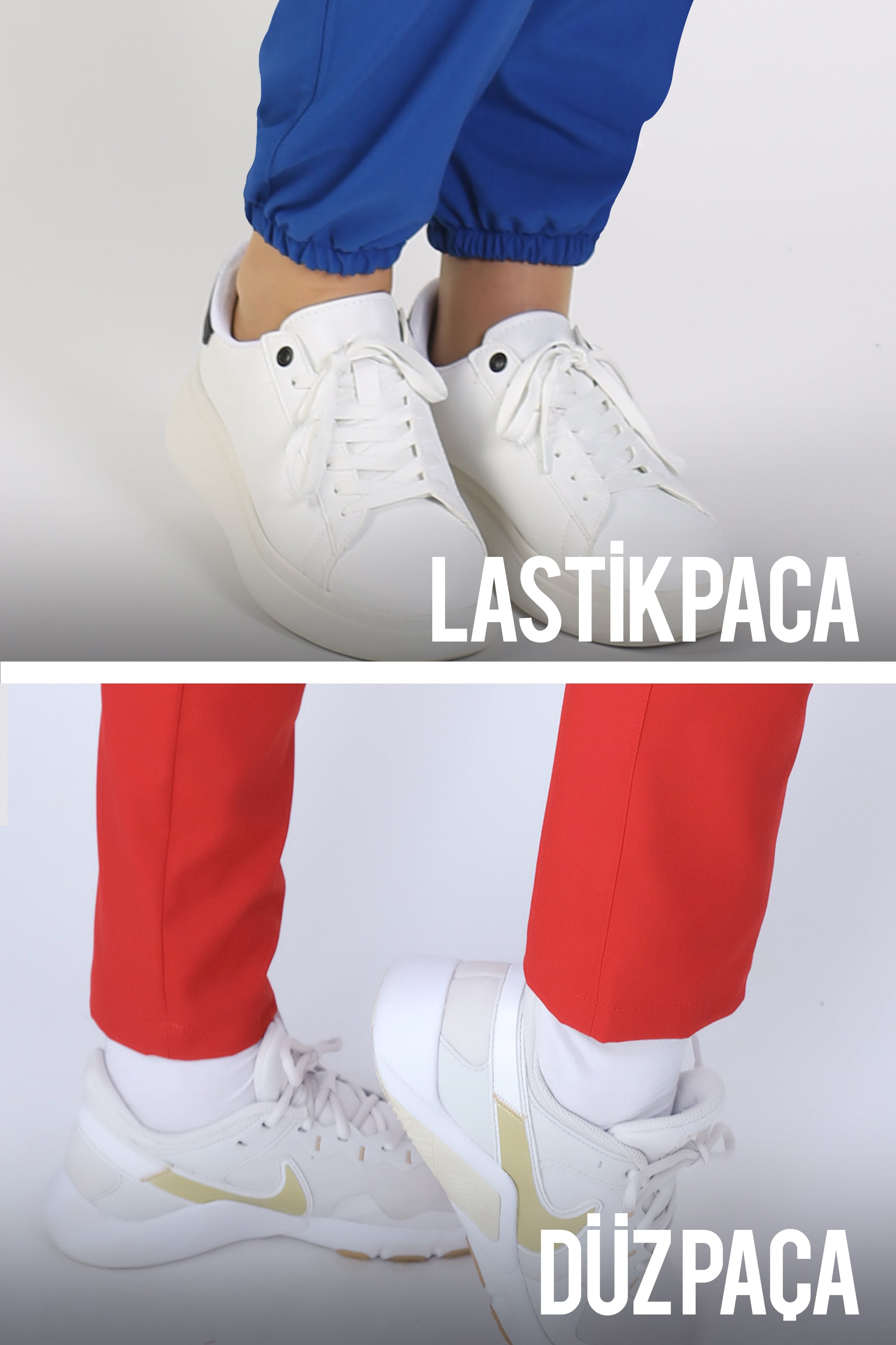 Yukarıdaki fotoğrafta medikal üniforma altının lastik paça olma şekli gösterilirken; aşağıdaki fotoğrafta ise düz paçalı scrubs altı görseli yer almaktadır.