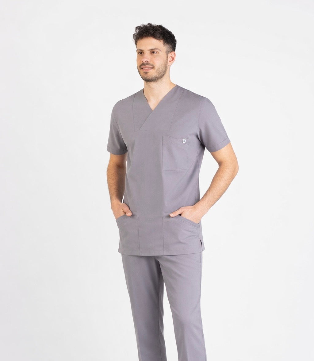 Secundus Açık Gri Zarf Yaka Erkek Scrubs Takım | Medikal İş Kıyafeti | Mole Uniform