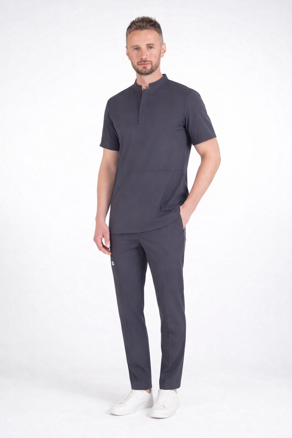 Secundus Gri Hakim Yakalı Kanguru Cepli Erkek Scrubs Takım | Medikal İş Kıyafeti | Mole Uniform
