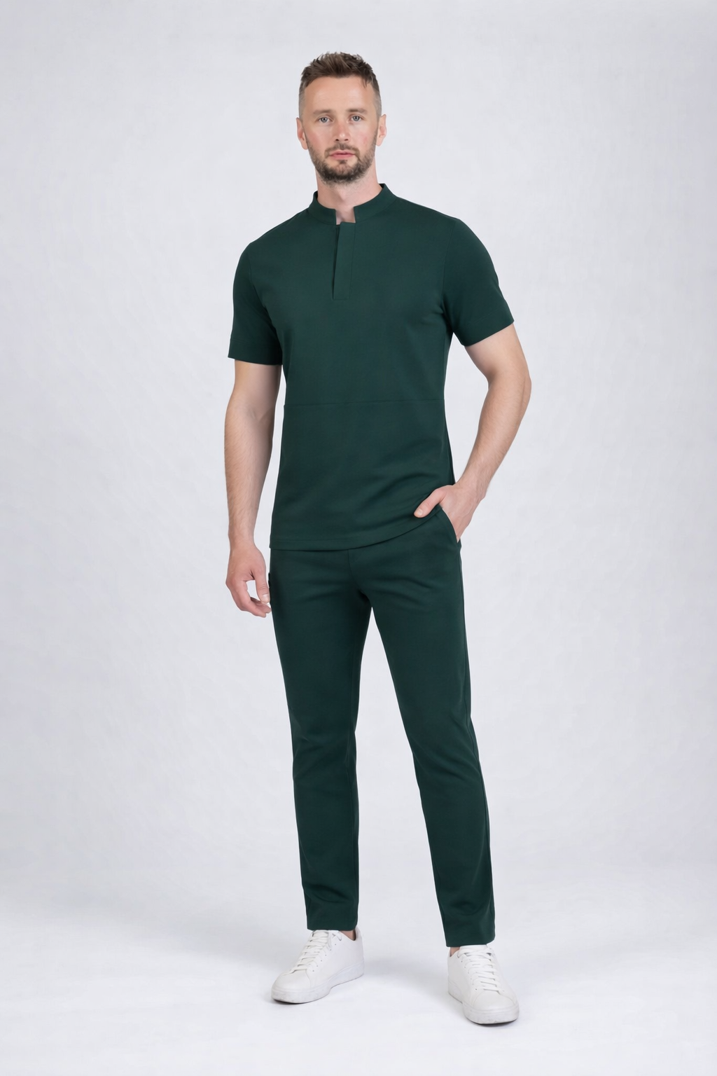 Secundus Green Mandarin Collar Kangaroo Pocket Men&