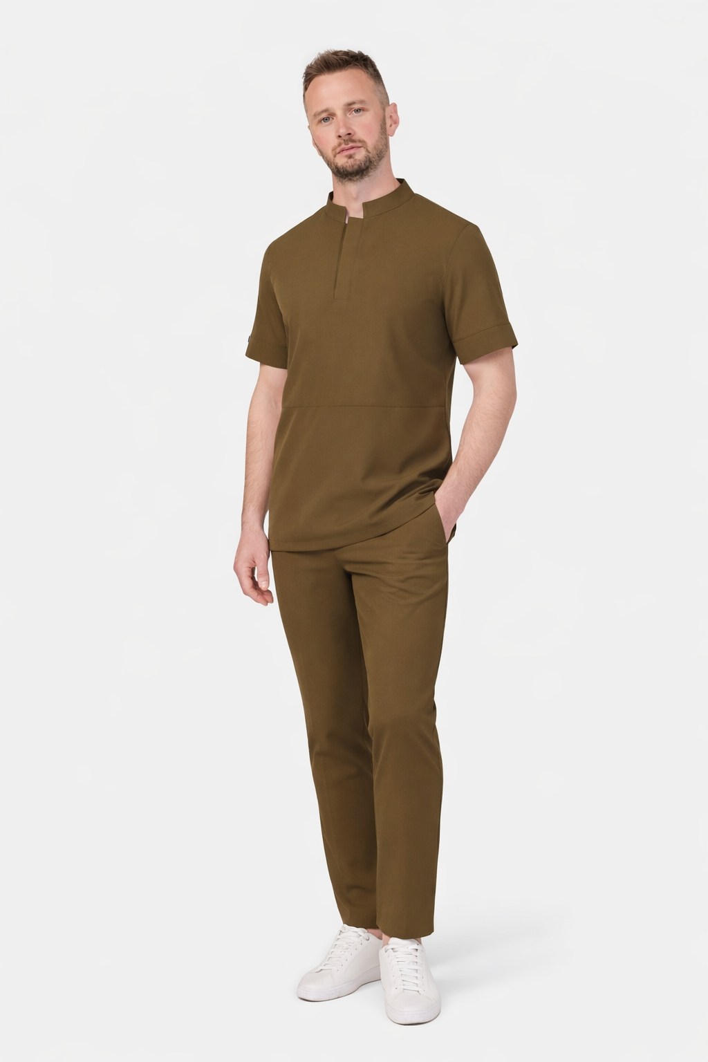 Secundus Khaki Mandarin Collar Kangaroo Pocket Men&