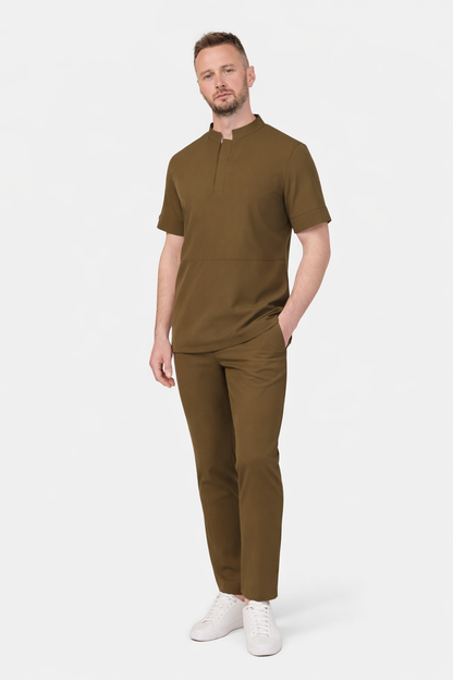 Secundus Khaki Mandarin Collar Kangaroo Pocket Men&