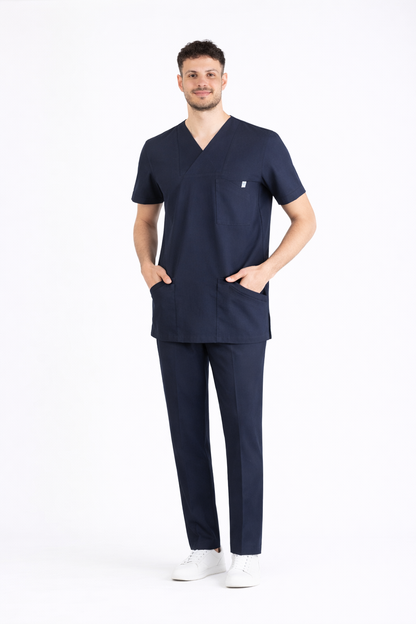 Secundus Lacivert Zarf Yaka Erkek Scrubs Takım | Medikal İş Kıyafeti | Mole Uniform