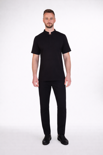 Secundus Siyah Hakim Yakalı Kanguru Cepli Erkek Scrubs Takım | Medikal İş Kıyafeti | Mole Uniform