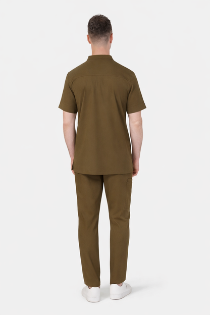 Secundus Khaki Mandarin Collar Kangaroo Pocket Men&