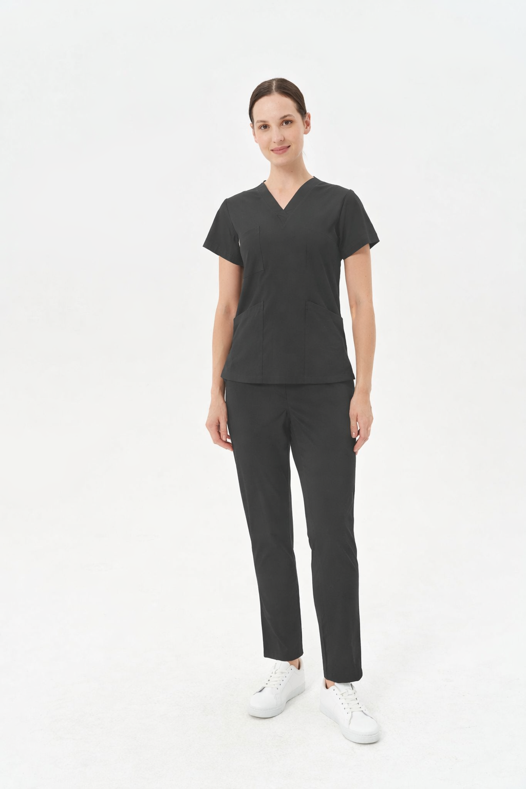 Toptan gri V yaka kadın scrubs takımı - Secundus serisi orta segment kaliteli medikal iş kıyafeti imalatı.