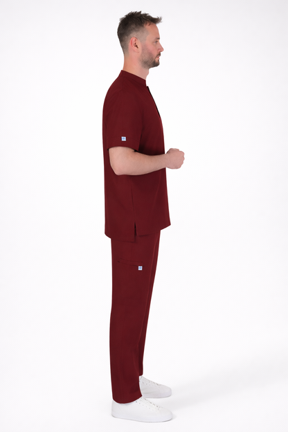 Bursa imalatı nakışlı bordo hakim yakalı erkek scrubs takımı - Minimum 10 adet özel üretim profesyonel medikal giyim.