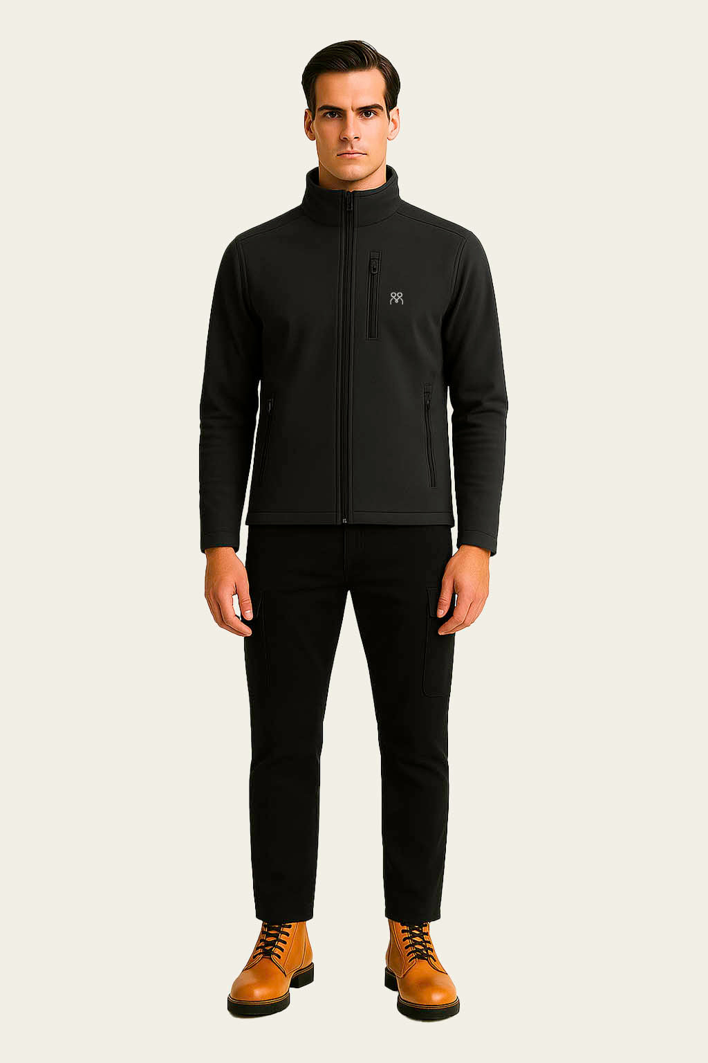 Modern kesim siyah softshell montun vucut uzerindeki durusu ve esnek yapi ozellikleri.
