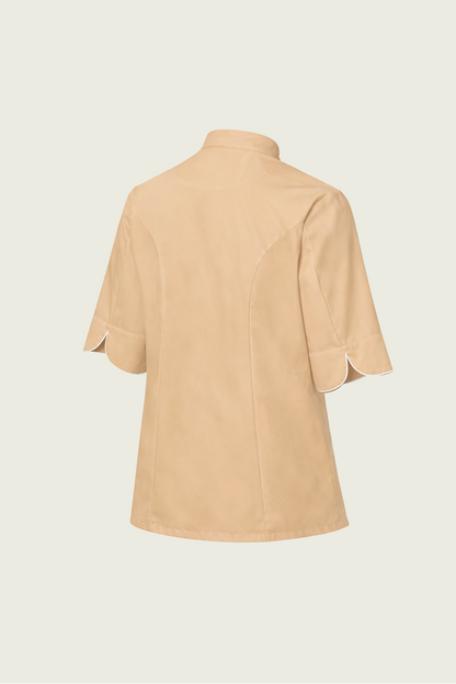 3/4 Kollu Bej Çift Düğmeli Şef Ceketi - Beyaz Biyeli | Mole Uniform